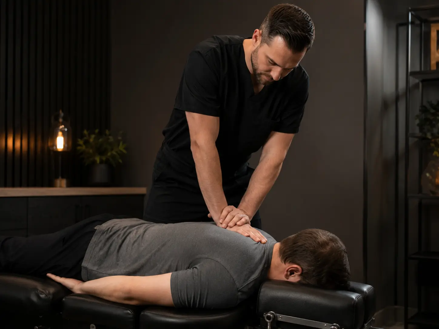 Chiropractor performing a chiropractic adjustment.